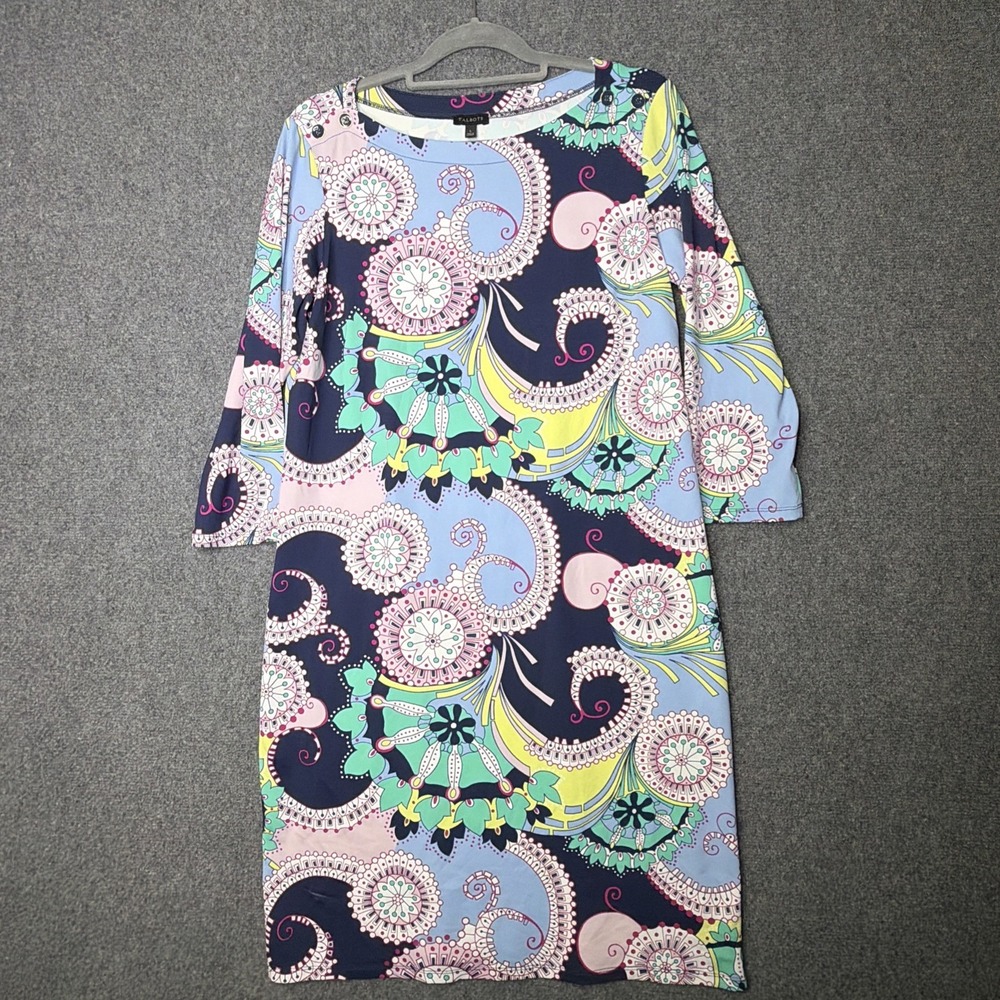 Talbots Shift Dress Women Blue Pink Spiral Paisley Boat Neck 3/4 Sleeve Size L